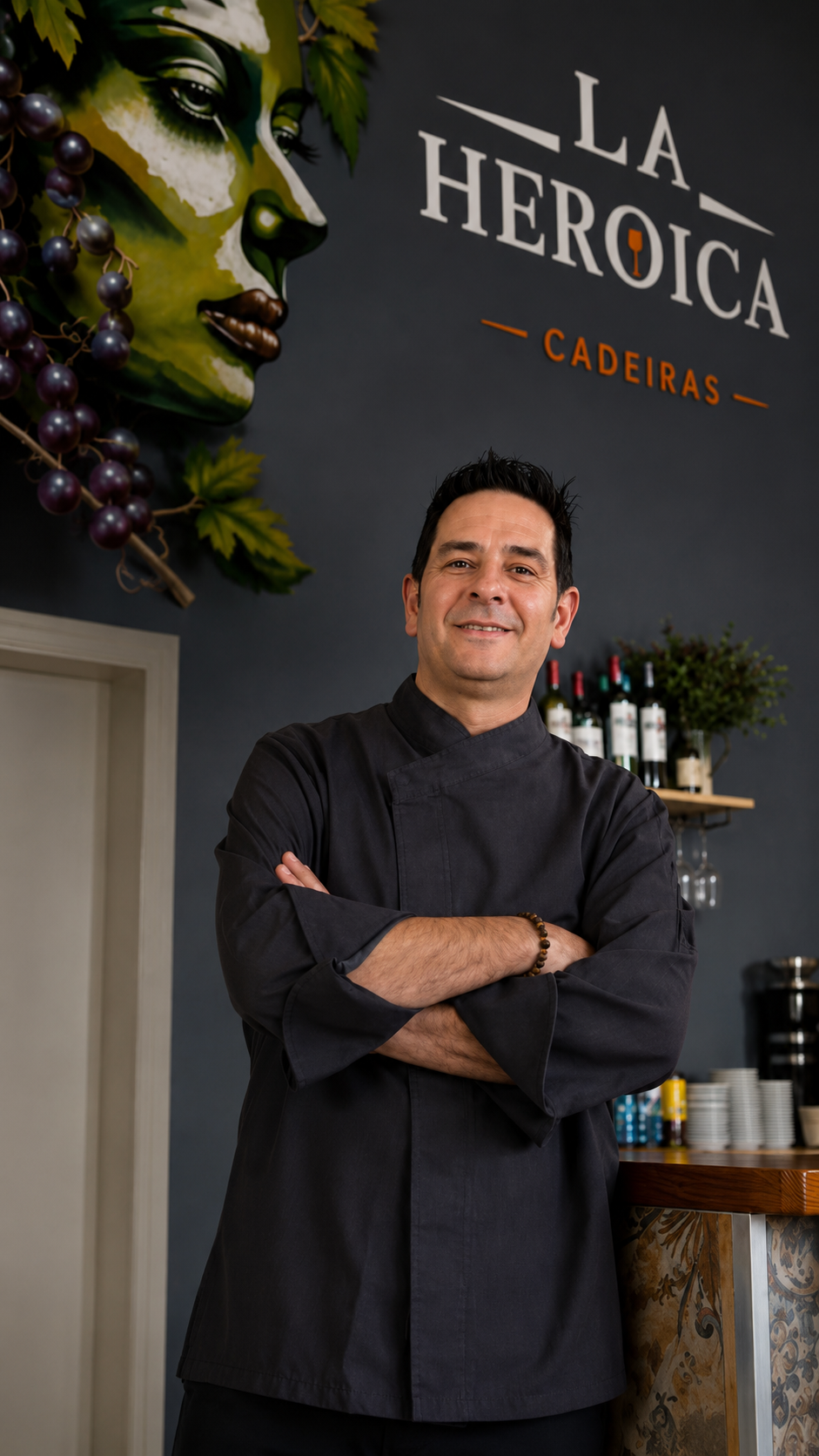 El chef aparece de pie con los brazos cruzados frente a un letrero de La Heroica y estantes llenos de botellas.
