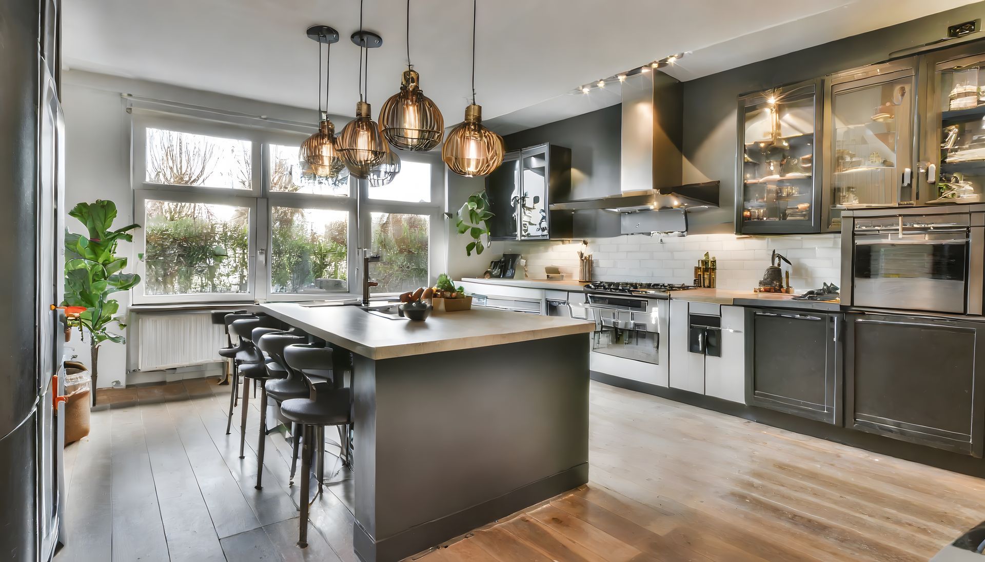 Cuisine de style moderne avec un parquet ciré