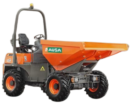 Camion-benne orange AUSA sur roues, avec benne basculante surélevée et siège conducteur.