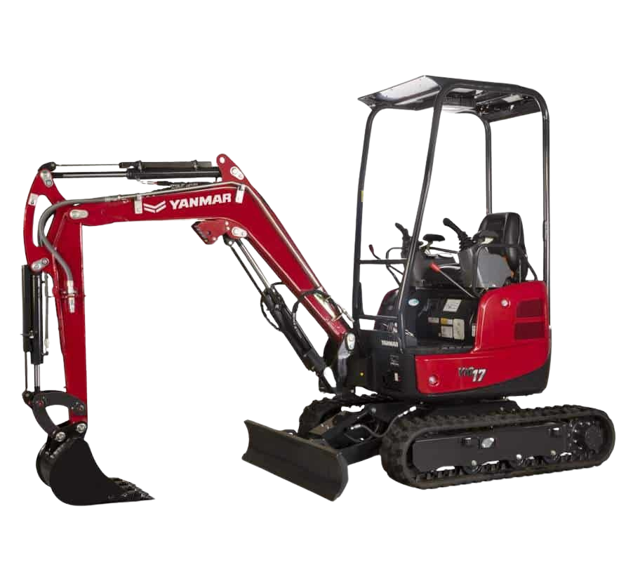 Minipelle Yanmar rouge sur fond blanc, godet abaissé.