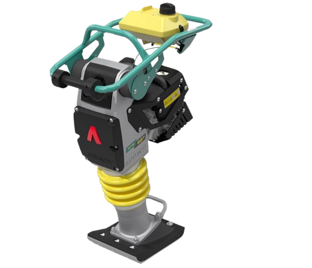 Un compacteur de sol, jaune et vert, utilisé dans le secteur de la construction.