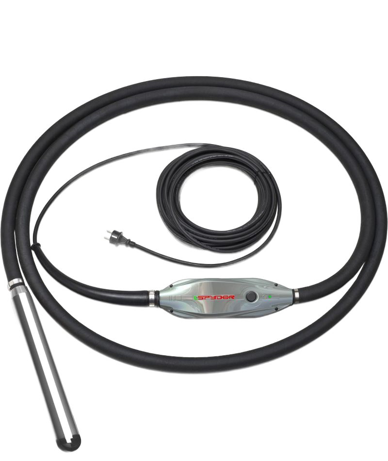 Vibrateur à béton avec un long tuyau flexible et un cordon d'alimentation.