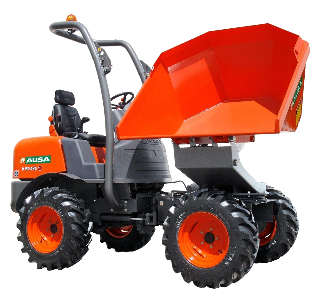 Camion-benne orange et gris avec benne surélevée, pneus noirs et siège conducteur.