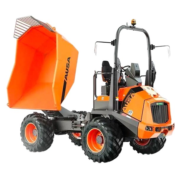 Camion-benne articulé orange AUSA à plateau surélevé et pneus noirs, sur fond clair.