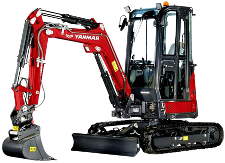 Minipelle Yanmar rouge sur chenilles noires, lame avant abaissée.