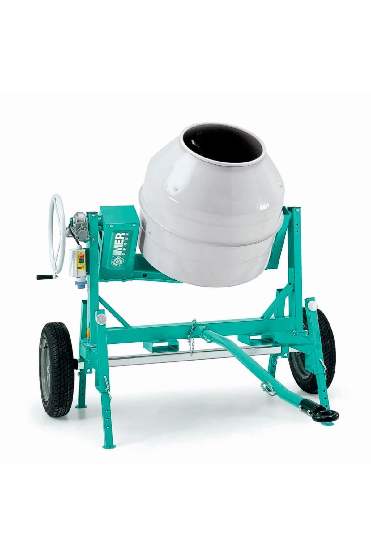 Bétonnière sur châssis turquoise, tambour blanc, pneus noirs.