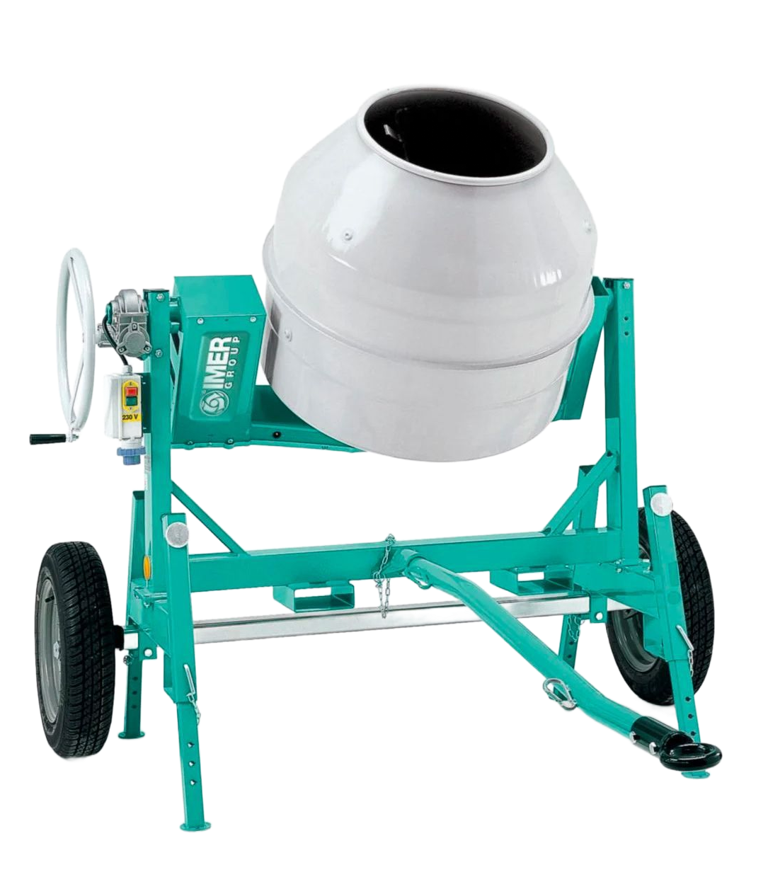 Bétonnière verte et blanche avec tambour, roues et manivelle.