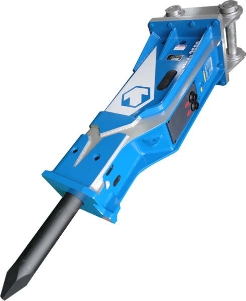 Brise-roche hydraulique bleu et argent avec une pointe de burin gris foncé.