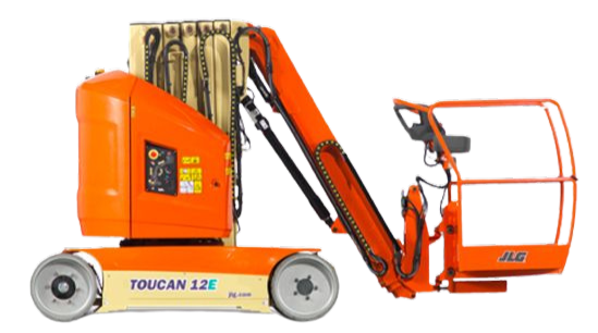 Nacelle élévatrice JLG Toucan 12E orange avec bras articulé, plateforme et roues.