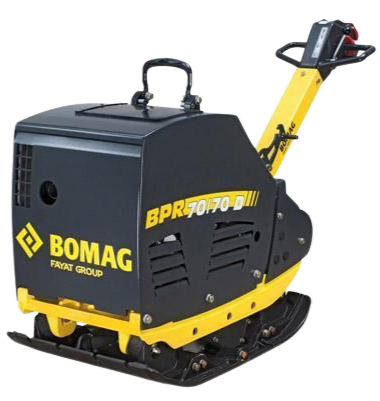 Compacteur de sol Bomag BPR 70/70 D noir et jaune.