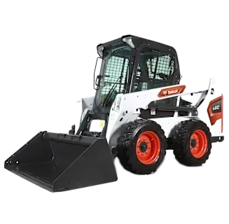 Chargeuse compacte Bobcat blanche avec godet noir, cabine fermée et roues orange.