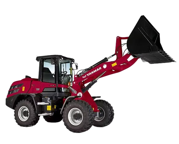 Chargeuse sur pneus Yanmar rouge avec godet levé, dans un décor de studio.