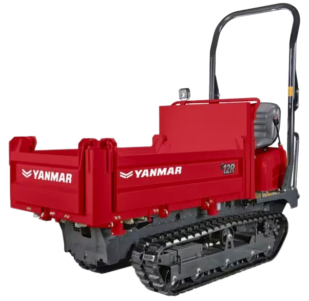 Camion-benne chenillé Yanmar rouge de 12 tonnes avec plateau surélevé, prêt pour le transport de matériaux.
