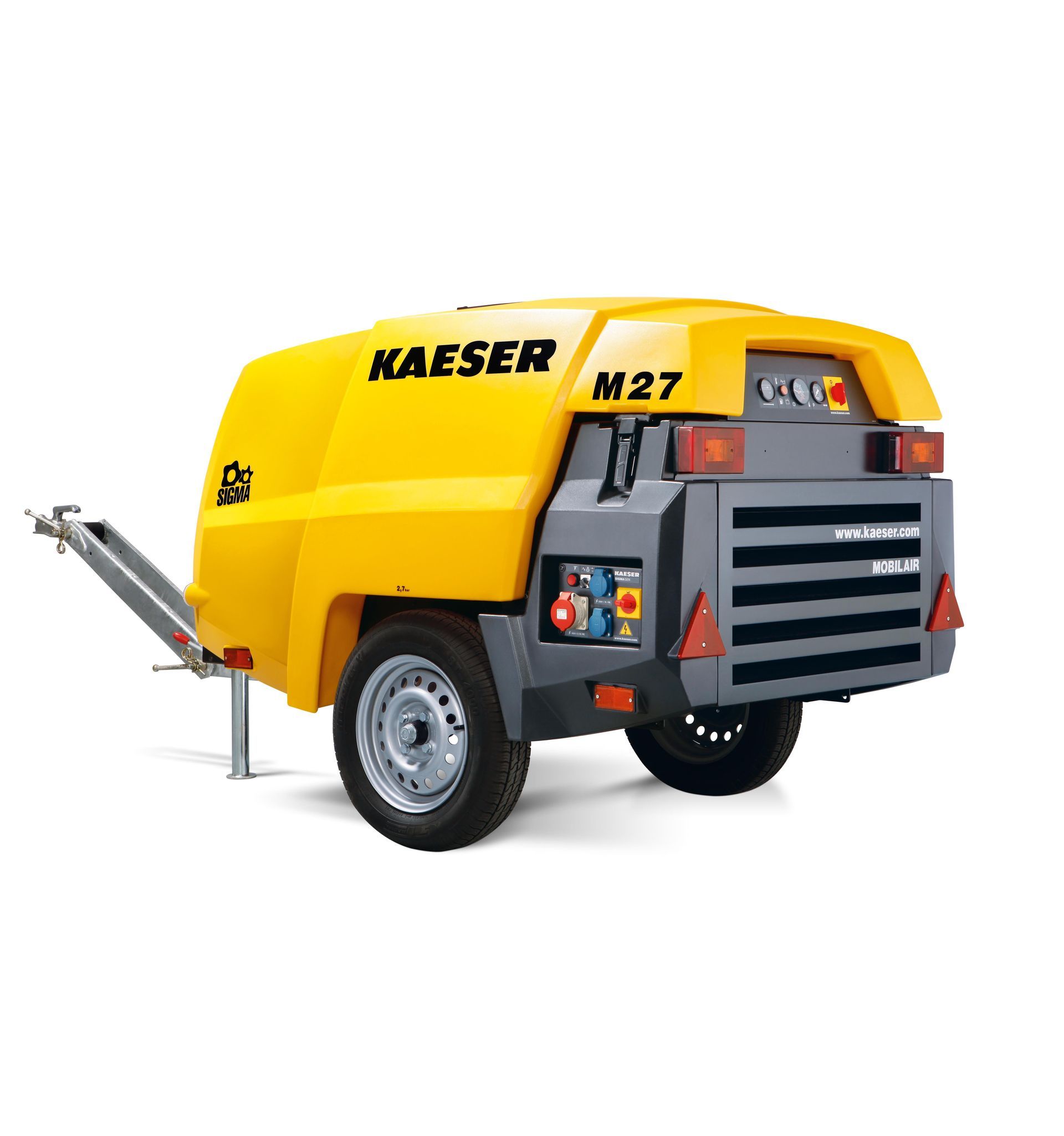 Compresseur d'air mobile Kaeser M27 jaune et gris sur remorque.