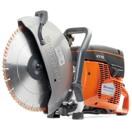 Scie à découper Husqvarna K770 orange et grise avec grande lame circulaire.