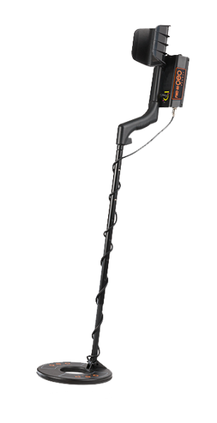 Détecteur de métaux, noir avec des touches orange, sur fond blanc.