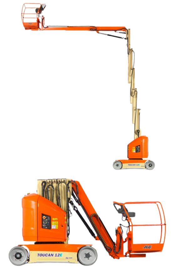 Nacelle aérienne orange s'étendant vers le haut et latéralement.