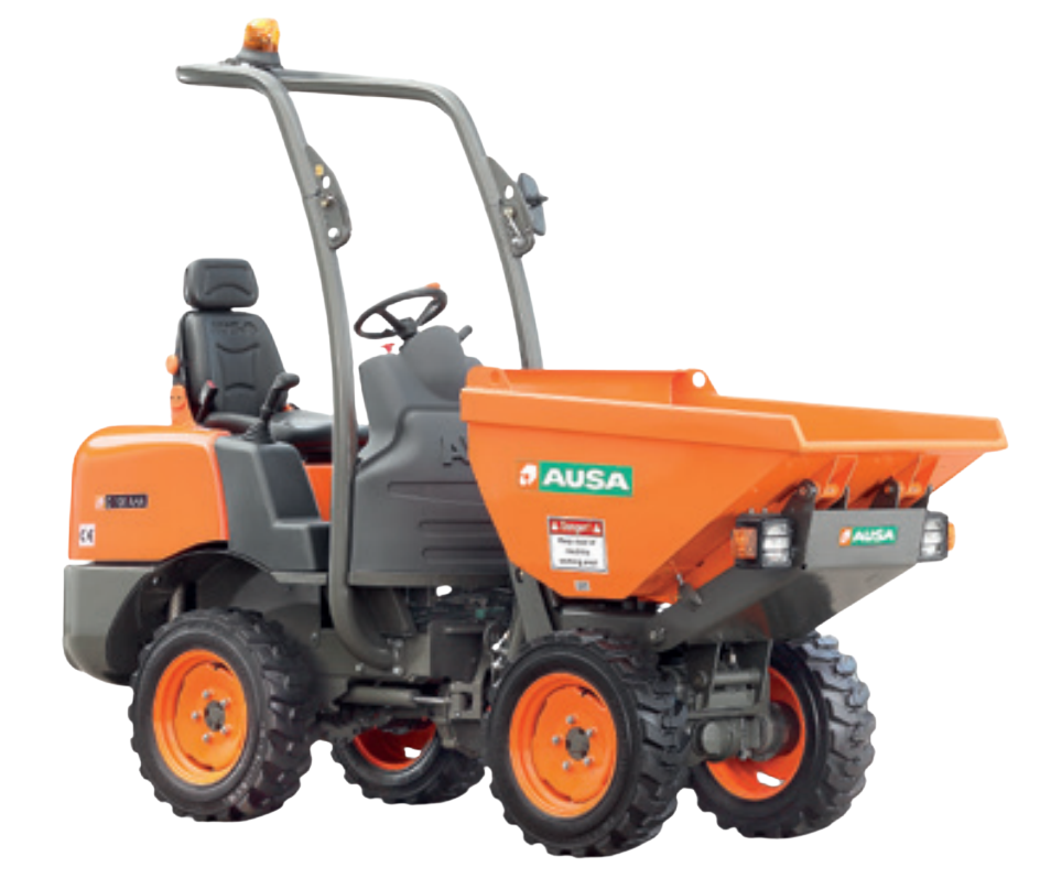 Camion-benne orange AUSA à plateau surélevé, en extérieur, avec siège conducteur.