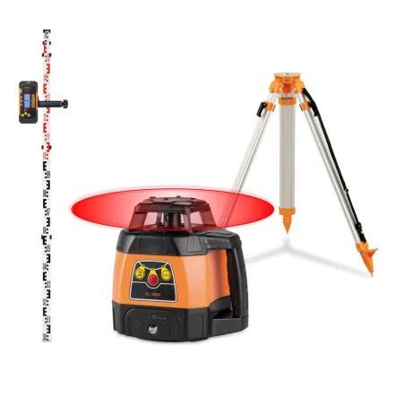 Niveau laser orange sur trépied, projetant une ligne horizontale rouge, avec mire et récepteur.