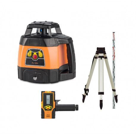 Niveau laser rotatif orange et noir, trépied, détecteur laser et mire.