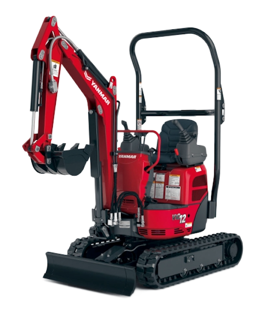 Minipelle Yanmar rouge sur chenilles noires, lame avant abaissée, prête à creuser.