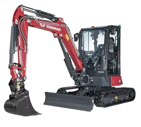 Minipelle Yanmar rouge et noire avec bras levé, godet de creusement et lame sur un chantier de construction.