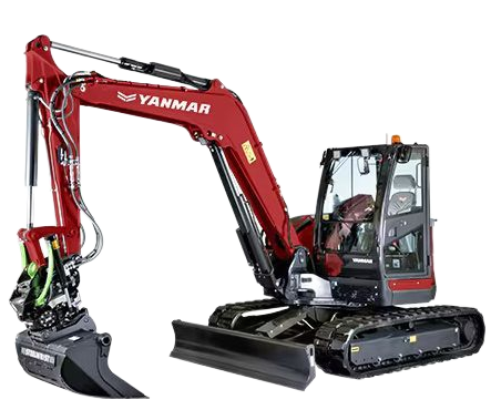 Pelle mécanique Yanmar rouge sur chenilles avec godet et lame noirs.