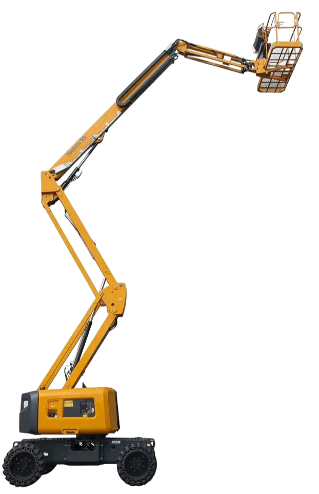 Nacelle élévatrice articulée jaune avec panier en l'air.