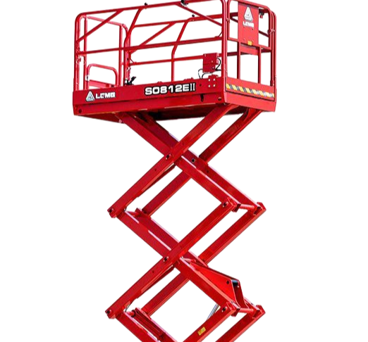 Nacelle élévatrice rouge à ciseaux avec plateforme surélevée, prête à l'emploi.