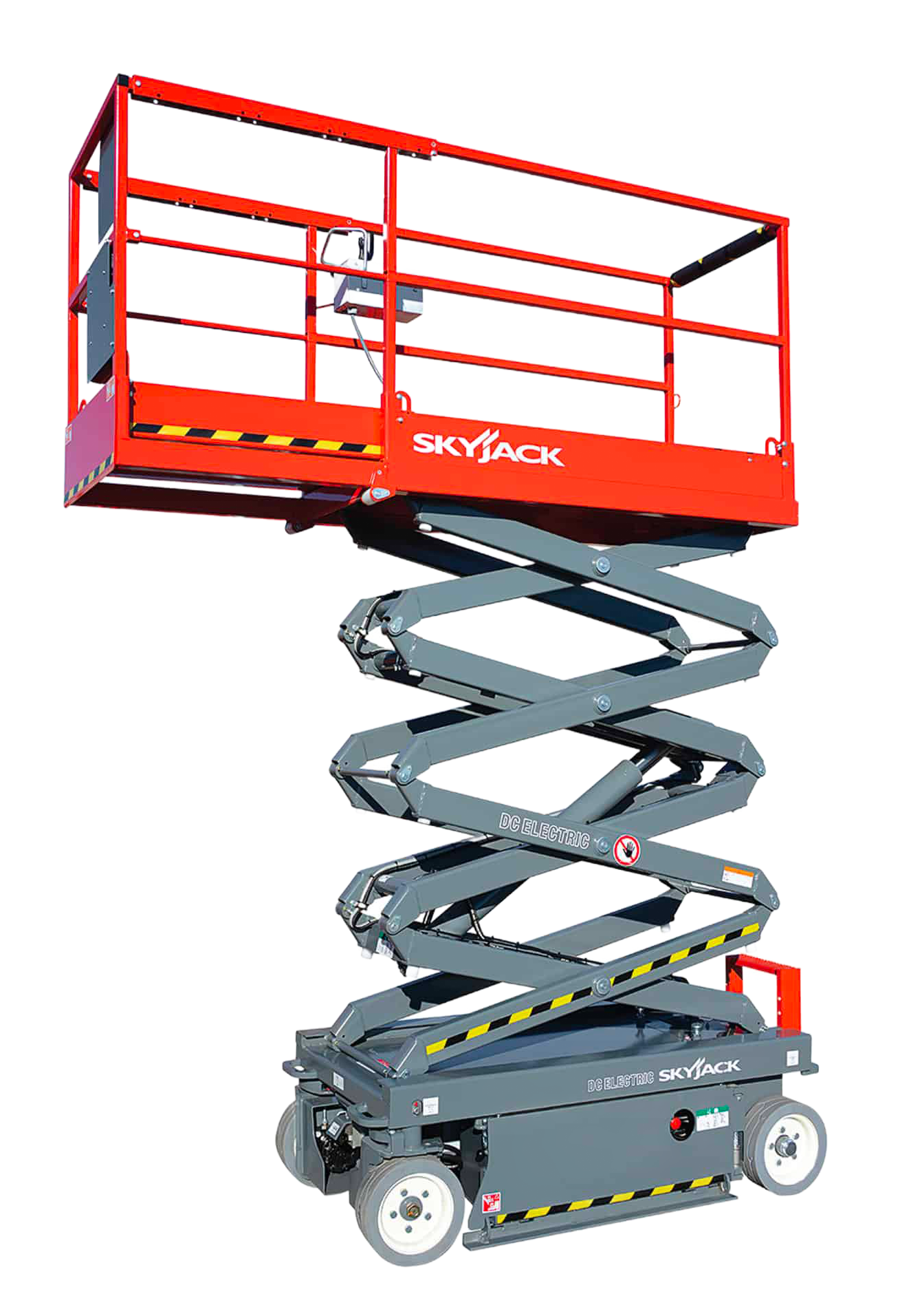 Nacelle élévatrice à ciseaux Skyjack rouge et grise sur roues. Plateforme levée.