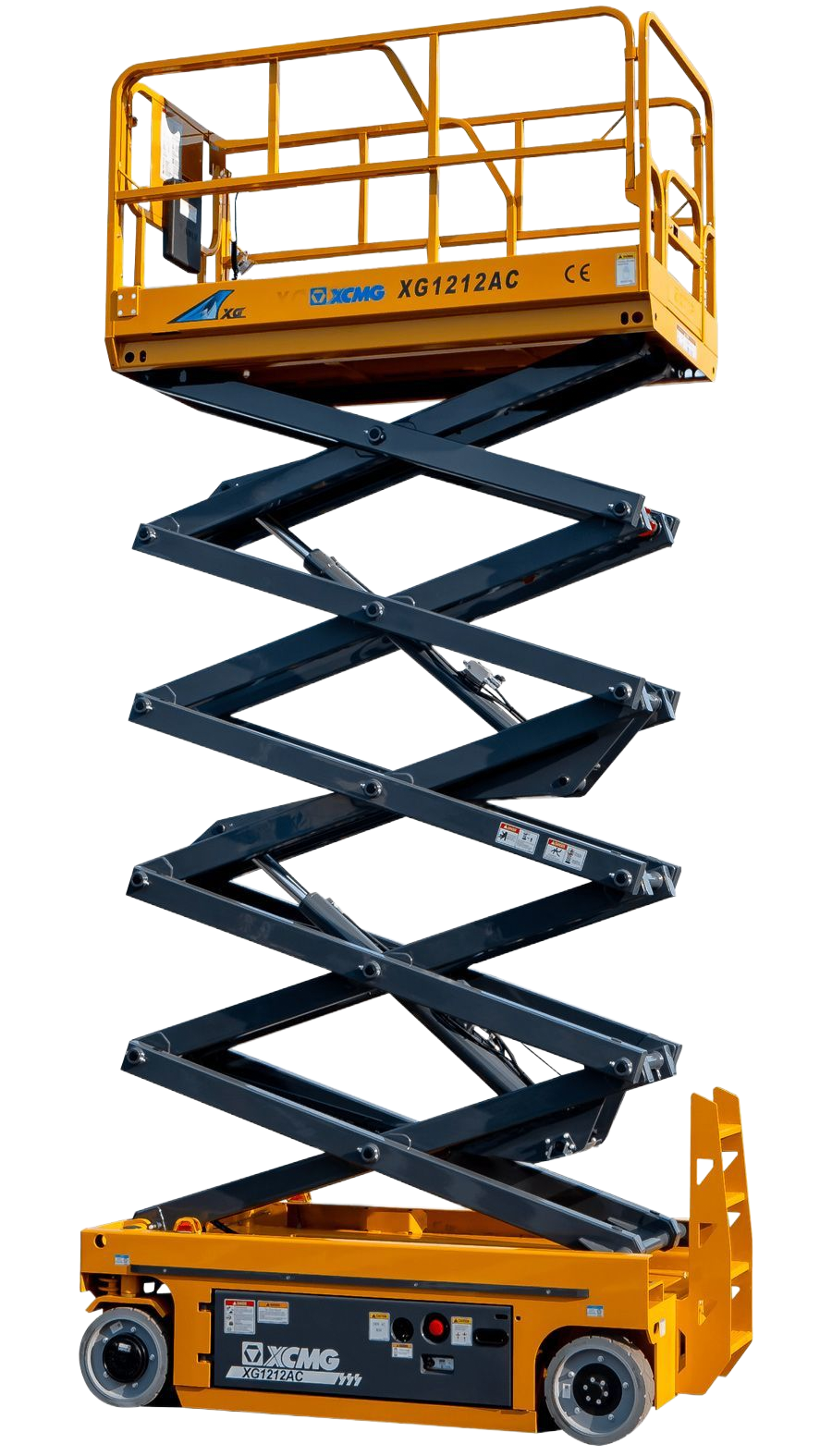 Nacelle élévatrice jaune à ciseaux avec plateforme surélevée, sur roues.