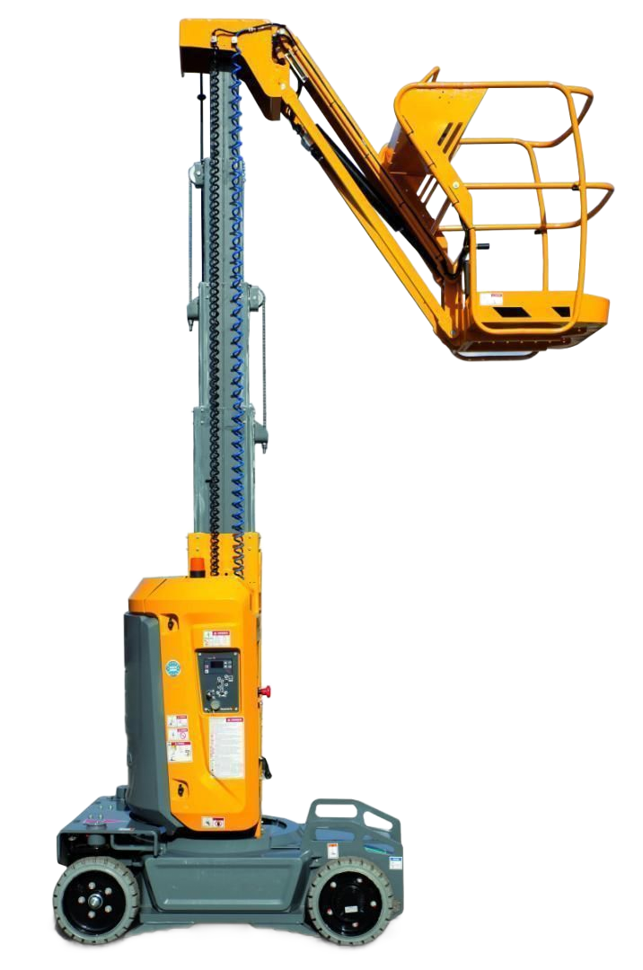 Nacelle élévatrice articulée jaune et grise avec plateforme de travail.