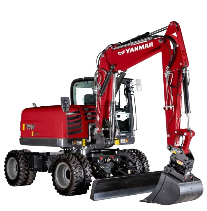 Pelle mécanique sur pneus Yanmar 95W rouge sur fond blanc.