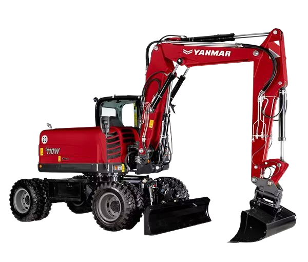 Pelle mécanique Yanmar rouge sur pneus avec un godet noir, sur fond blanc.