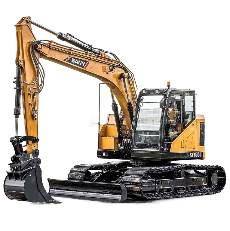 Pelle mécanique jaune SANY SY135H sur chenilles, bras déployé, godet au niveau du sol.