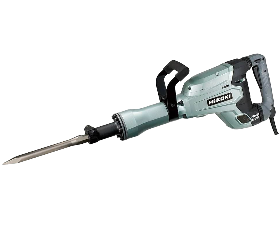 Un marteau de démolition vert clair et noir avec un burin fixé dessus, sur fond blanc.