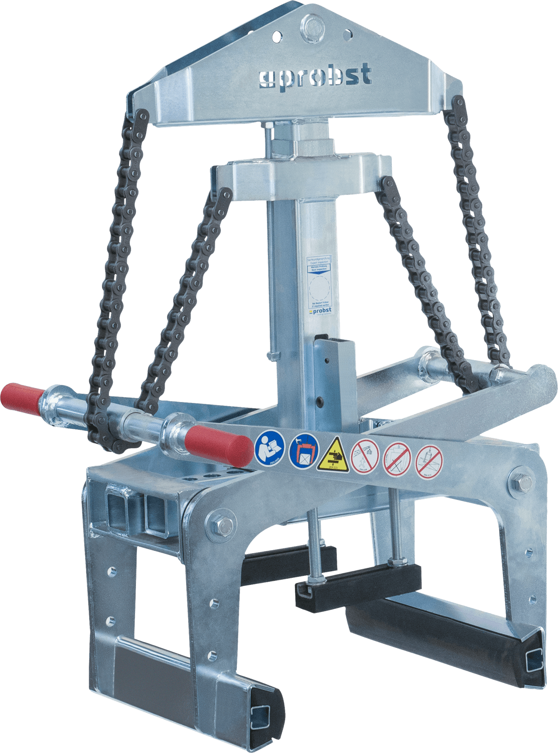 Outil de levage en métal avec chaînes et mâchoires rembourrées de caoutchouc, utilisé pour le déplacement de matériaux de construction.