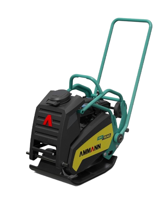 Plaque vibrante Ammann noire et jaune avec poignée verte.