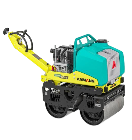 Compacteur de sol Ammann AR-50 jaune et turquoise, avec tambours en acier avant et arrière, utilisé dans la construction de routes.