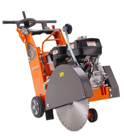 Scie à béton orange et grise avec un moteur noir et une grande lame.