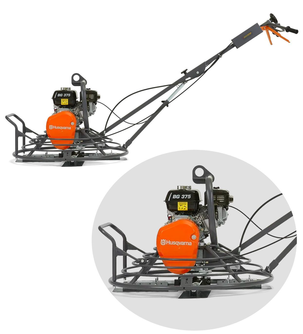 Truelle mécanique avec moteur orange et long manche pour lisser le béton.