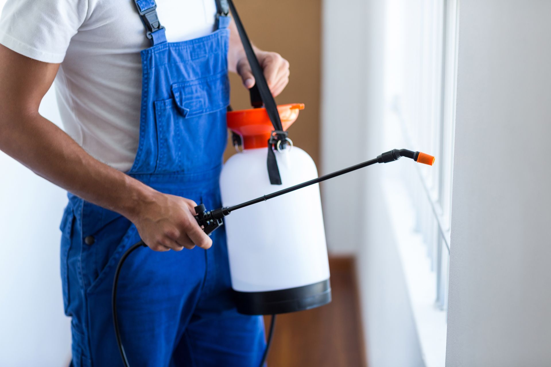 Arbeiter in blauem Overall trägt ein Rückensprühgerät und eine Sprühlanze in einem Innenraum.