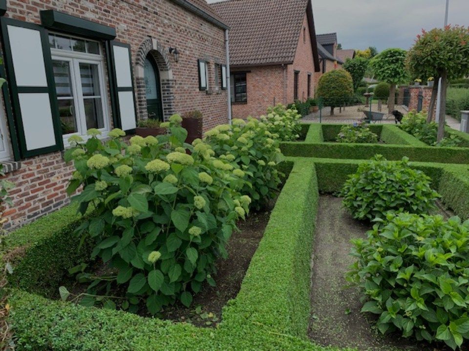 een huis met opgeruimde struiken