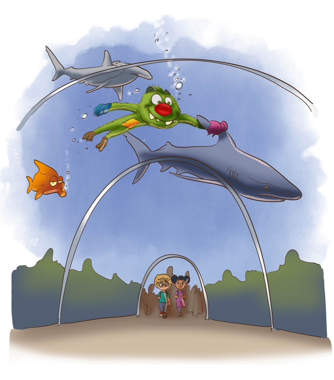 Eine Karikatur eines Frosches, der durch die Luft fliegt, mit Haien im Hintergrund