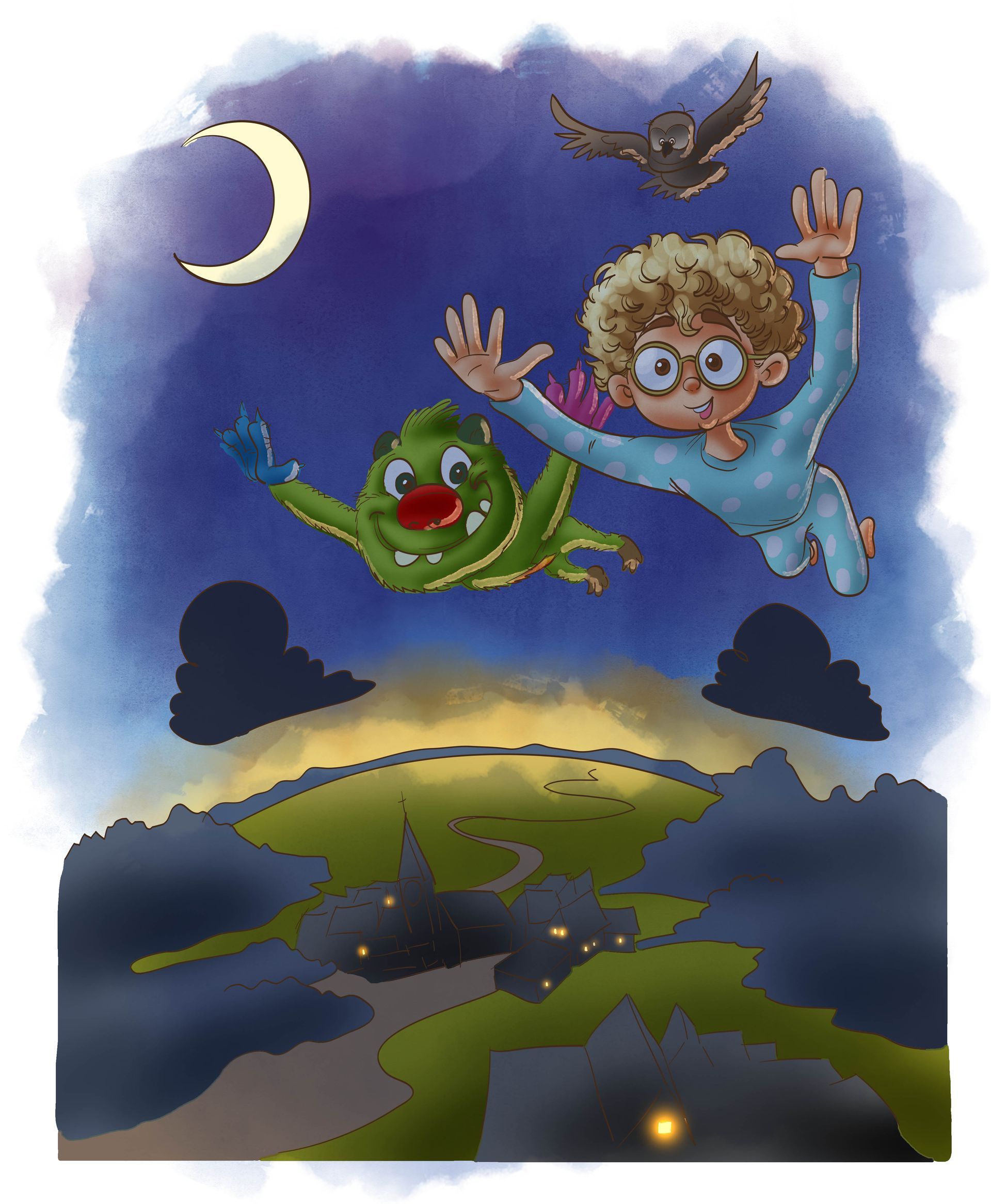 Eine Karikatur von einem Jungen und einem Monster, die in der Luft fliegen