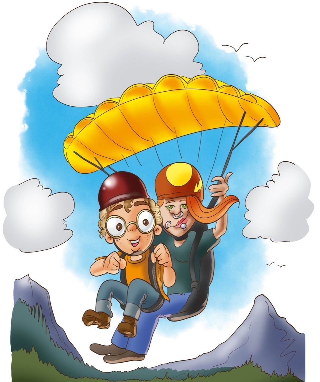 Eine Karikatur von zwei Menschen beim Fallschirmspringen mit Bergen im Hintergrund