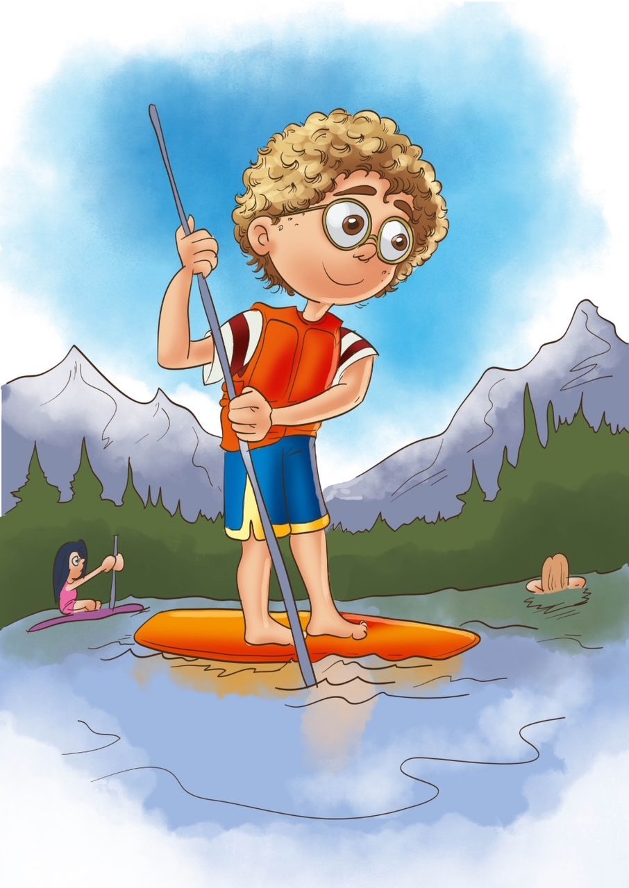 Ein Junge steht auf einem Paddelbrett im Wasser.