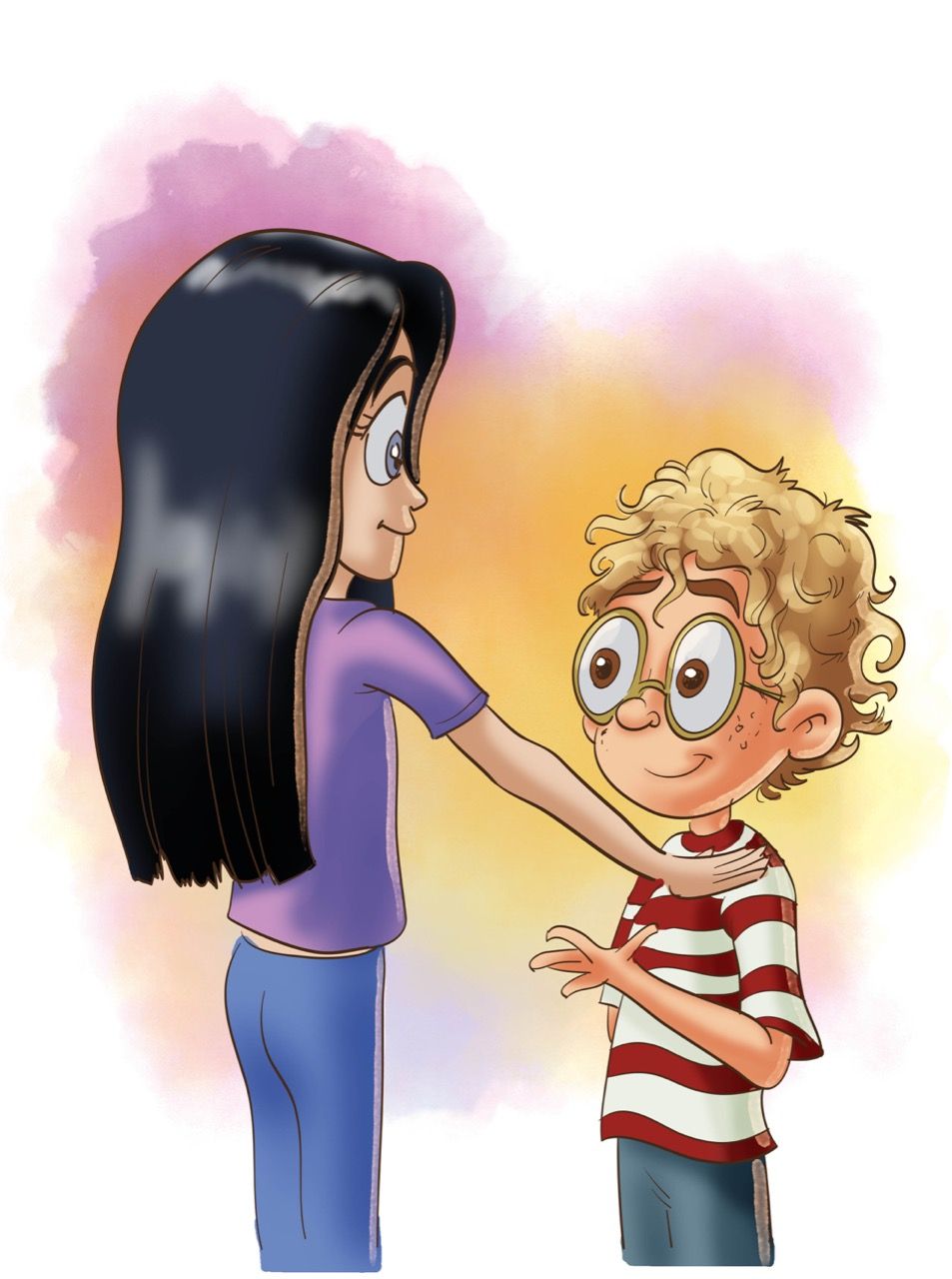 Eine Karikatur eines Jungen und eines Mädchens, die Händchen halten