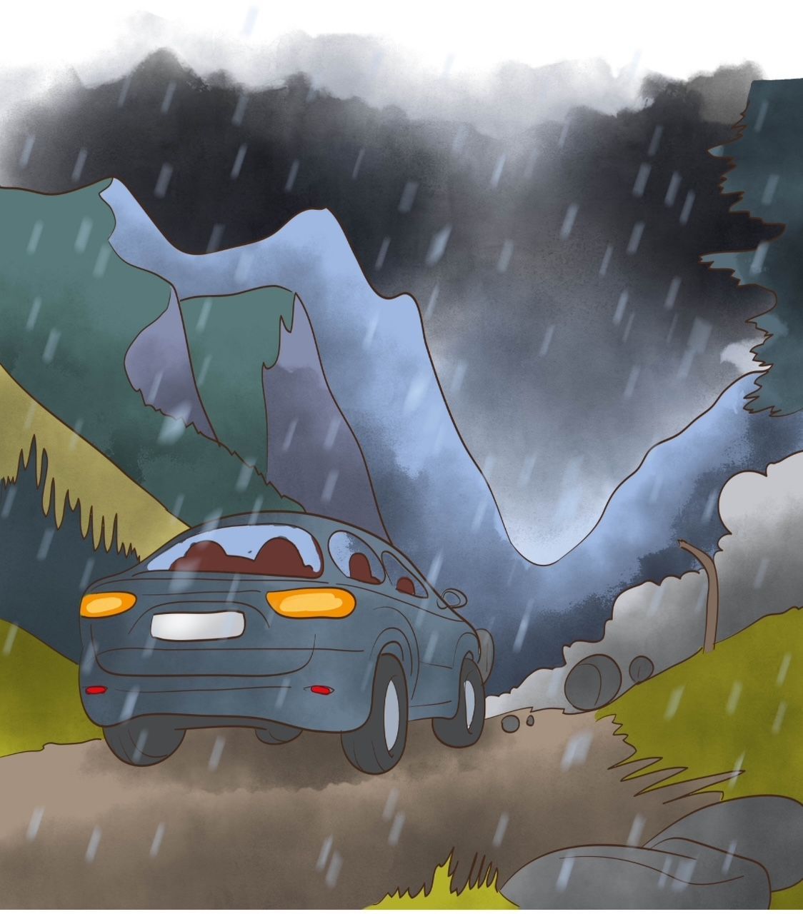 Ein Auto fährt im Regen eine Straße entlang