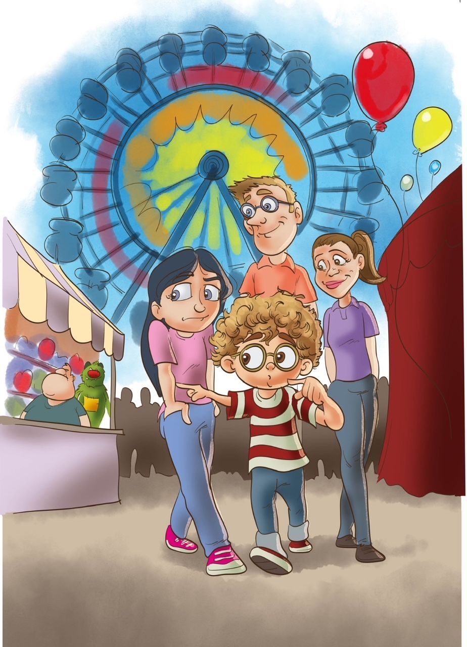 Eine Gruppe von Menschen steht auf einem Jahrmarkt vor einem Riesenrad.